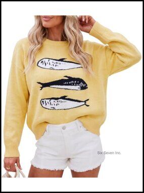 Womens Fish Graphic Sweaters Lightweight Knit Crewneck Pullover